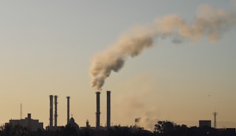 Several industrial chimneys emit thick smoke into the sky, silhouetted against a pale and hazy background. The skyline includes buildings and structures, with sparse vegetation in the foreground.