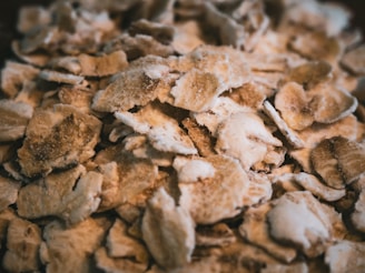 A close-up view of frosted cereal flakes, showing their textured surface and sugar coating with a warm, slightly blurred background.
