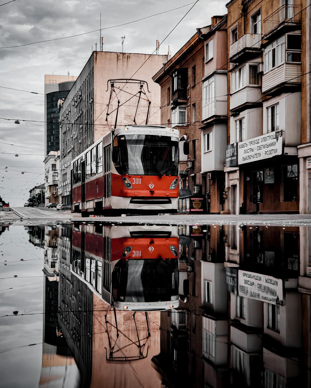 Roter und weißer Bus in der Nähe von Gebäuden