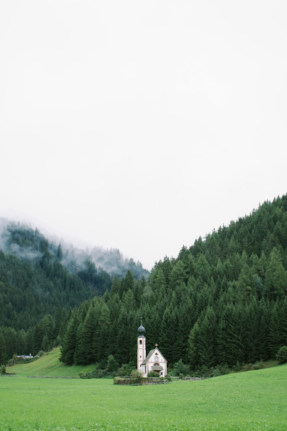 white church on green field surrounded with tall and green trees during daytime