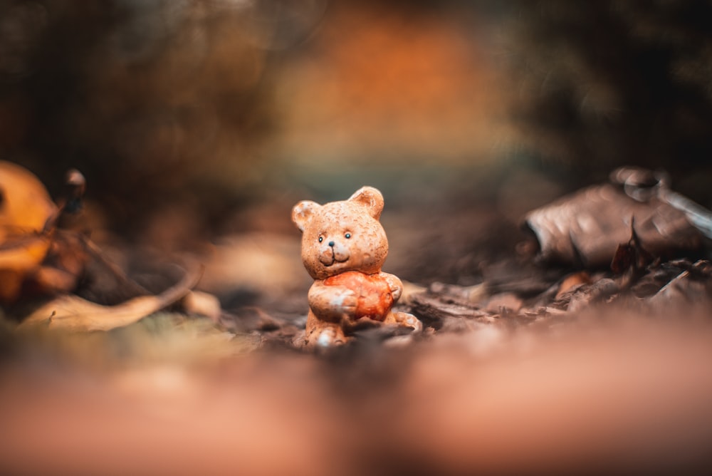 macro photography of orange bear toy on ground