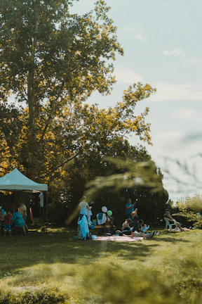 Children and families enjoying a sunny day at a charity picnic in the park.