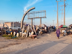 A busy outdoor market scene with people engaging in various activities. Several goats are gathered on the left side, likely for sale. Vendors are positioned under colorful umbrellas, displaying goods on makeshift tables. A large metal structure, resembling an unfinished billboard, looms in the background. Power lines and poles are visible, with vehicles parked nearby, indicating an urban setting.