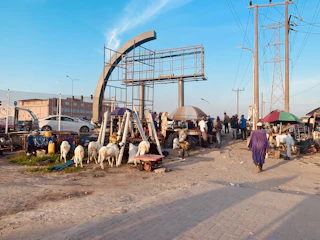 A vibrant marketplace with farmers selling cows, buffaloes, and goats.