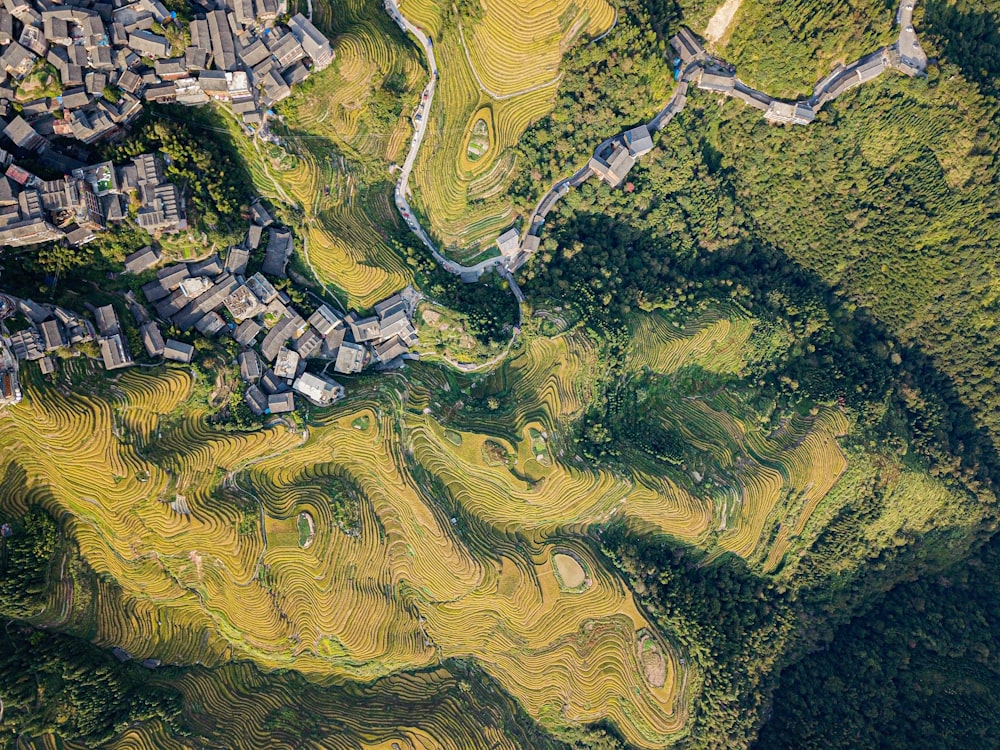 top view of a gray buildings in a village