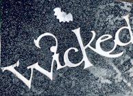 The word 'Wicked' is written in elegant cursive font with a flourish. A small bat silhouette is positioned above the text. The background has a textured dark color with a speckled pattern resembling glitter or stars.
