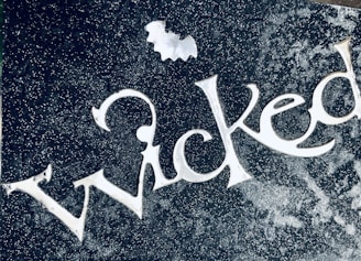 The word 'Wicked' is written in elegant cursive font with a flourish. A small bat silhouette is positioned above the text. The background has a textured dark color with a speckled pattern resembling glitter or stars.