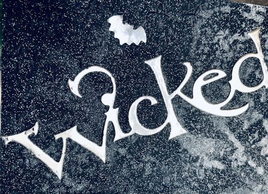 The word 'Wicked' is written in elegant cursive font with a flourish. A small bat silhouette is positioned above the text. The background has a textured dark color with a speckled pattern resembling glitter or stars.