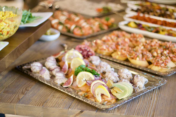 assorted foods on tray on wooden surface