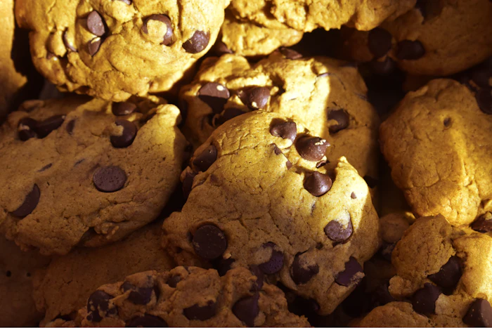 Chocolate chip cookies stacked together