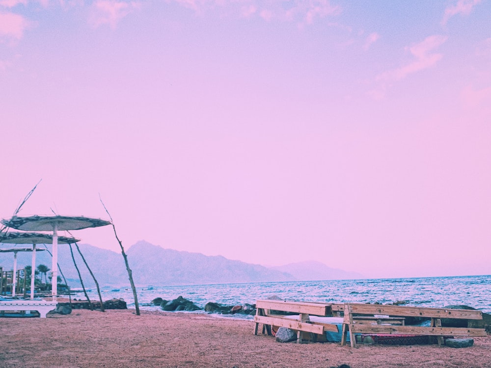 wooden bench on seashore