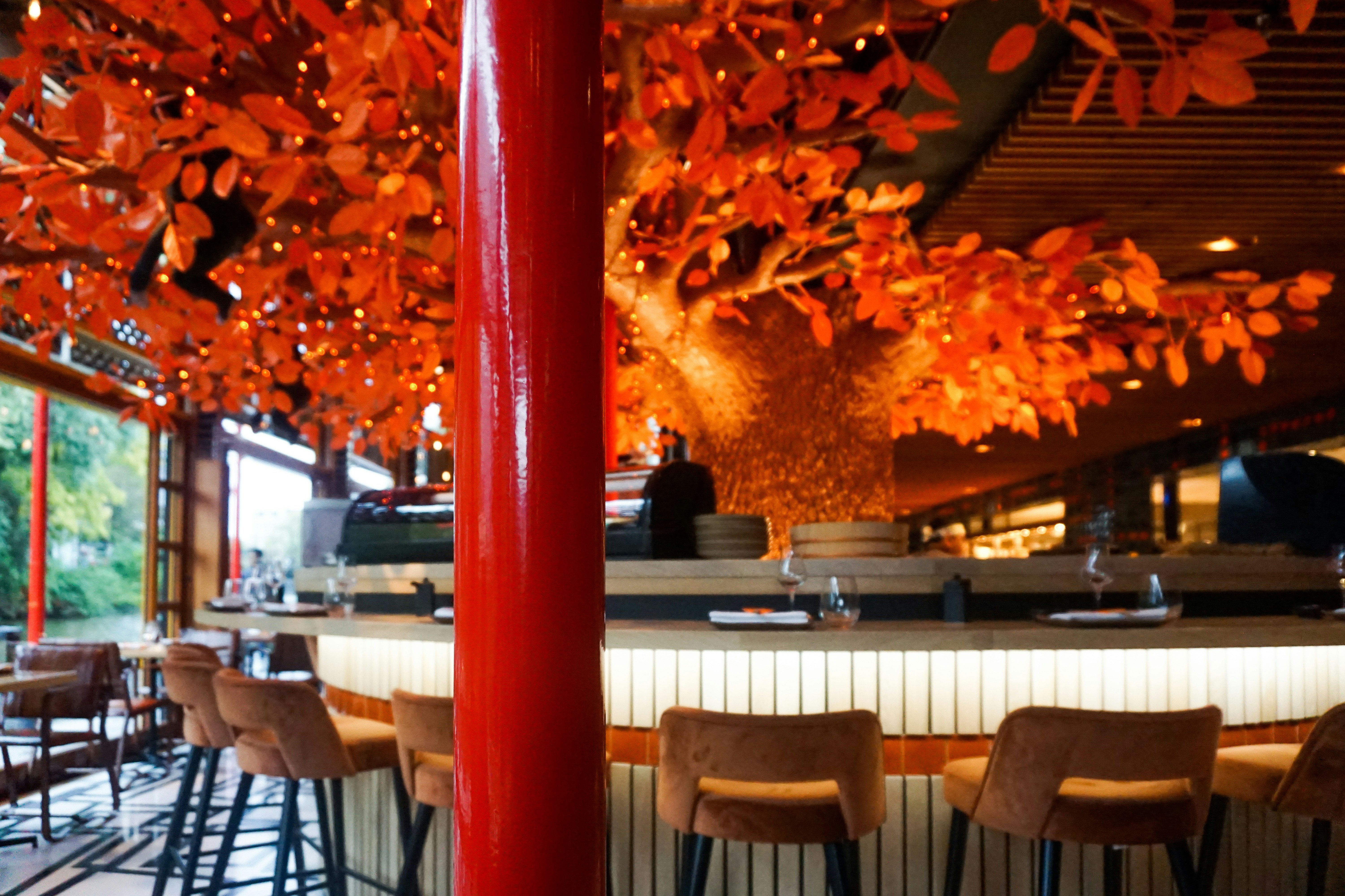 bar stools under floral ceiling