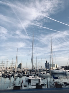 A bustling marina filled with various sailboats and yachts, moored side by side. Tall masts rise against a backdrop of a blue sky with scattered clouds. In the distance, a mix of modern buildings and industrial structures frames the harbor scene.