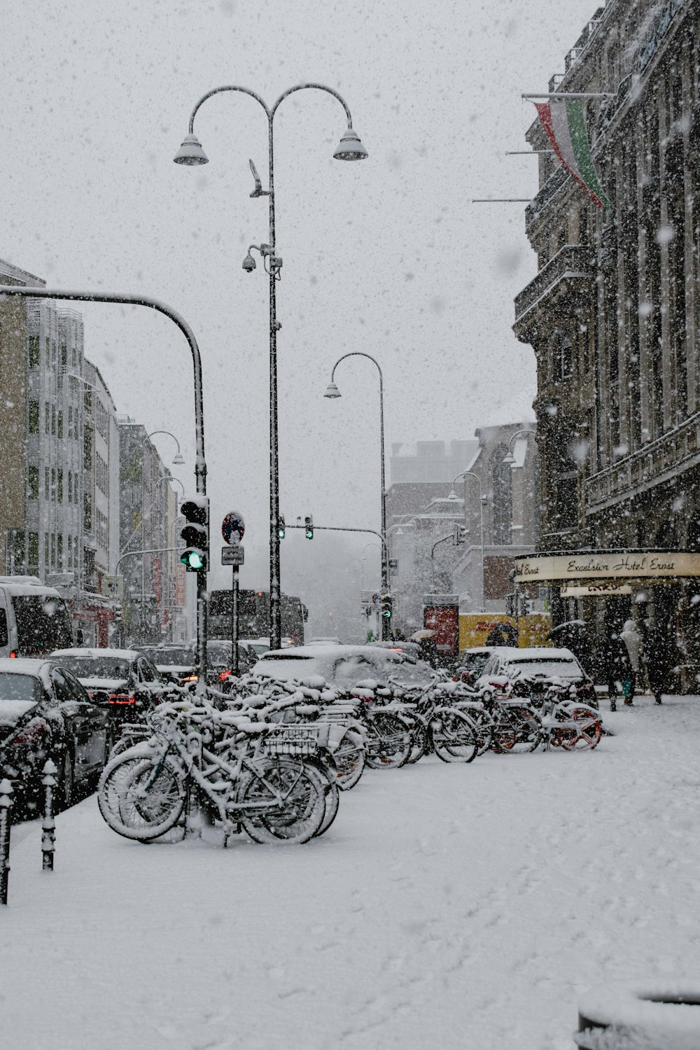 bikes covered in snow