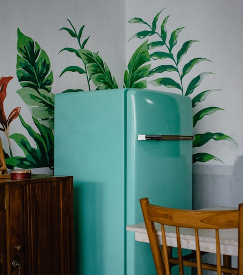 blue refrigerator beside green-leafed plant