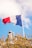 blue, white, and red flag with pole