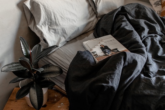 A cozy and inviting bedroom scene features a neatly made bed with soft gray pillows and a dark, rumpled duvet. A glossy-leafed plant in a white pot rests on a wooden bedside table. On the bed lies a magazine titled 'Home' with a photograph of an interior setting on the cover.