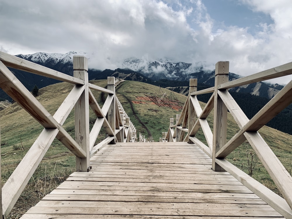 brown wooden dock near green field viewing mountain under white and blue sky during daytime