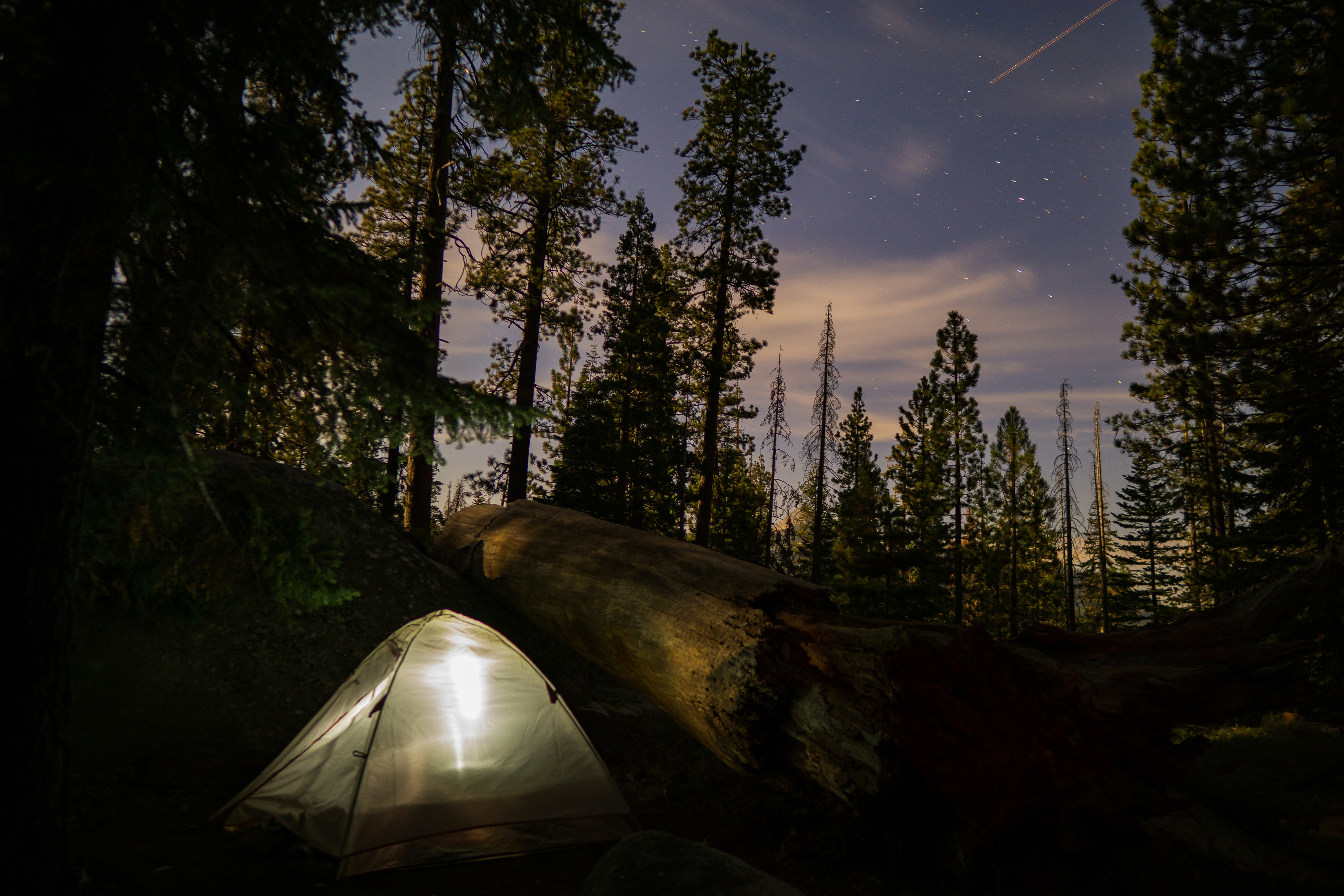 white and black camping tent, Camping under the stars.