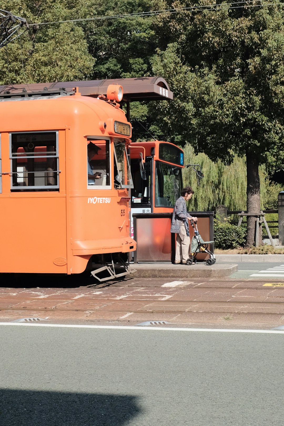 person standing and using standard walker near orange tram surrounded with tall and green trees during daytime