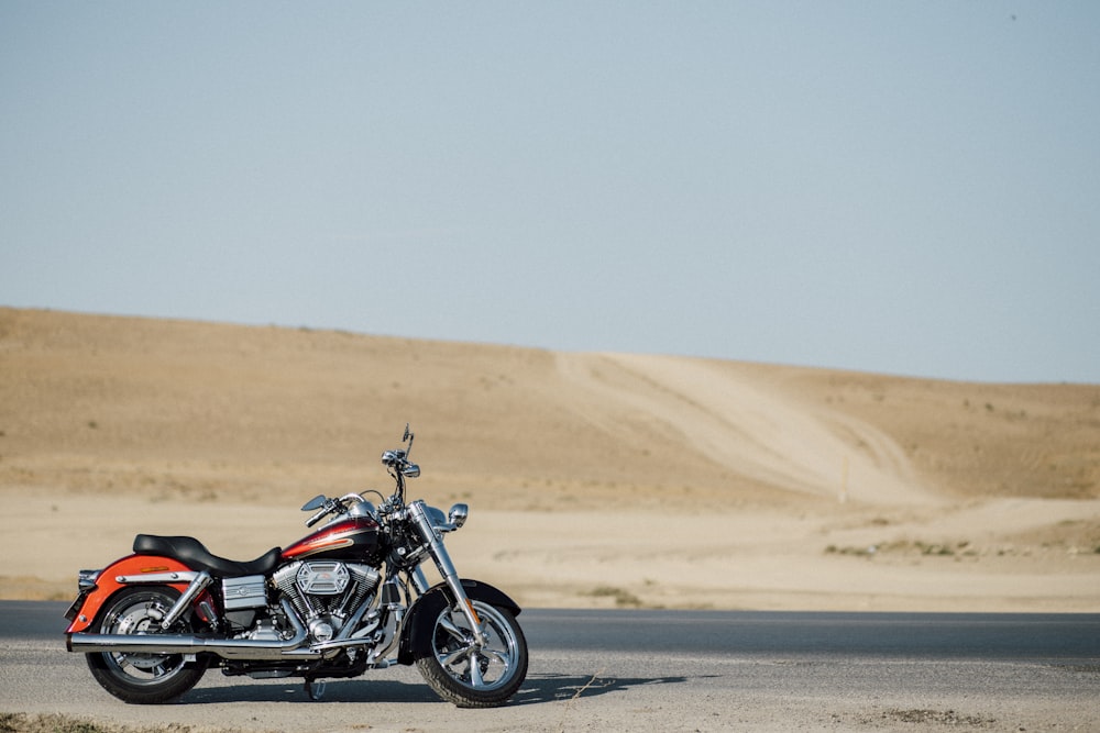 a motorcycle parked on the side of a road