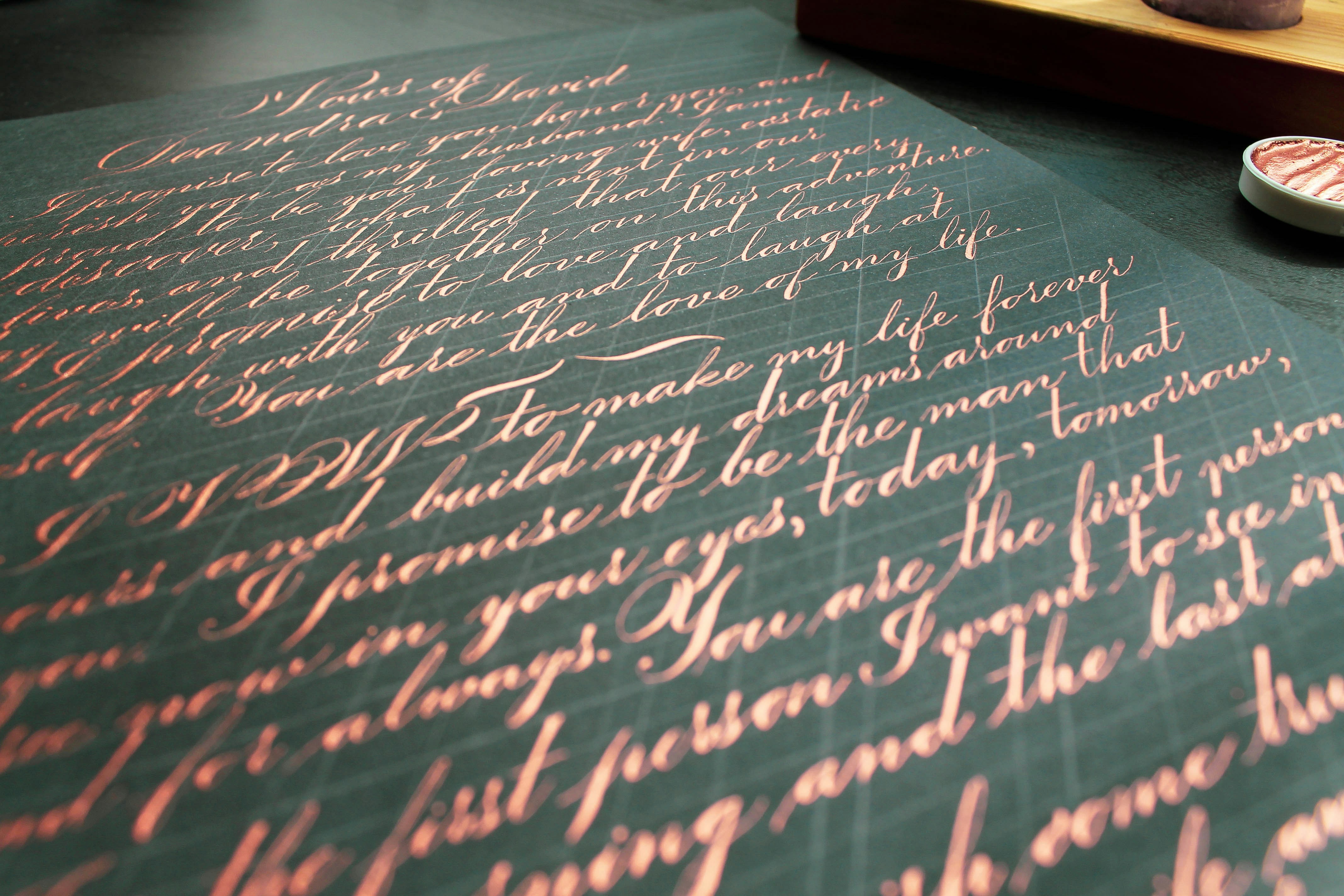 Copperplate calligraphy on cream paper, warm candlelit atmosphere, deep shadows around edges