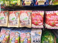 A selection of matcha-themed merchandise displayed on a shelf.