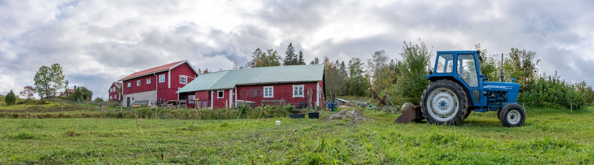 A warm, sunlit farmhouse surrounded by green fields and a tractor parked nearby, symbolizing rural life and agricultural growth.