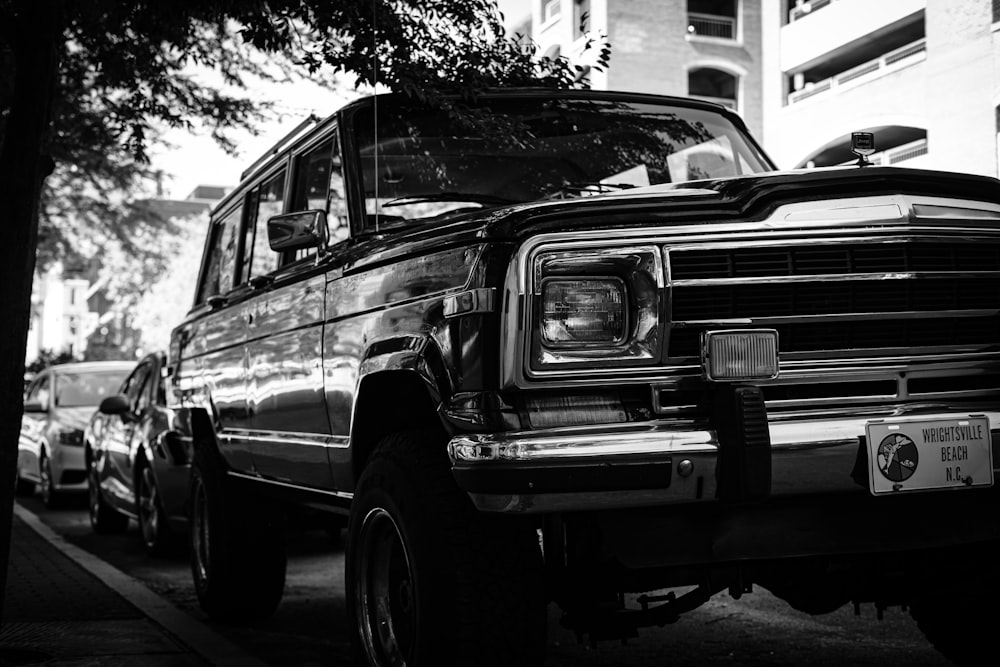 grayscale photography of SUV