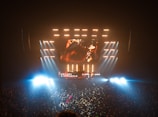 An energetic EDM concert crowd illuminated by vibrant stage lights and dynamic visuals.