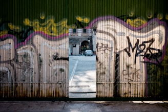 A corrugated metal gate covered in graffiti, featuring multicolored spray paint designs with shades of green, yellow, black, and pink. There is a rectangular opening in the center of the gate revealing a parked car and a traditional architectural building in the background.