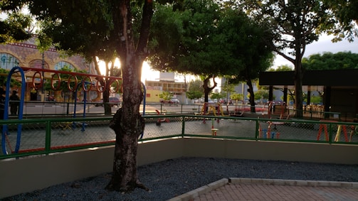 A playground area features colorful climbing structures, including circular hoops and swing sets, surrounded by greenery and trees. The scene is captured at sunset, with warm sunlight filtering through the branches, creating long shadows.