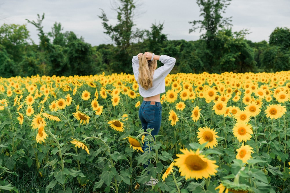 woman standing on Sunflower field