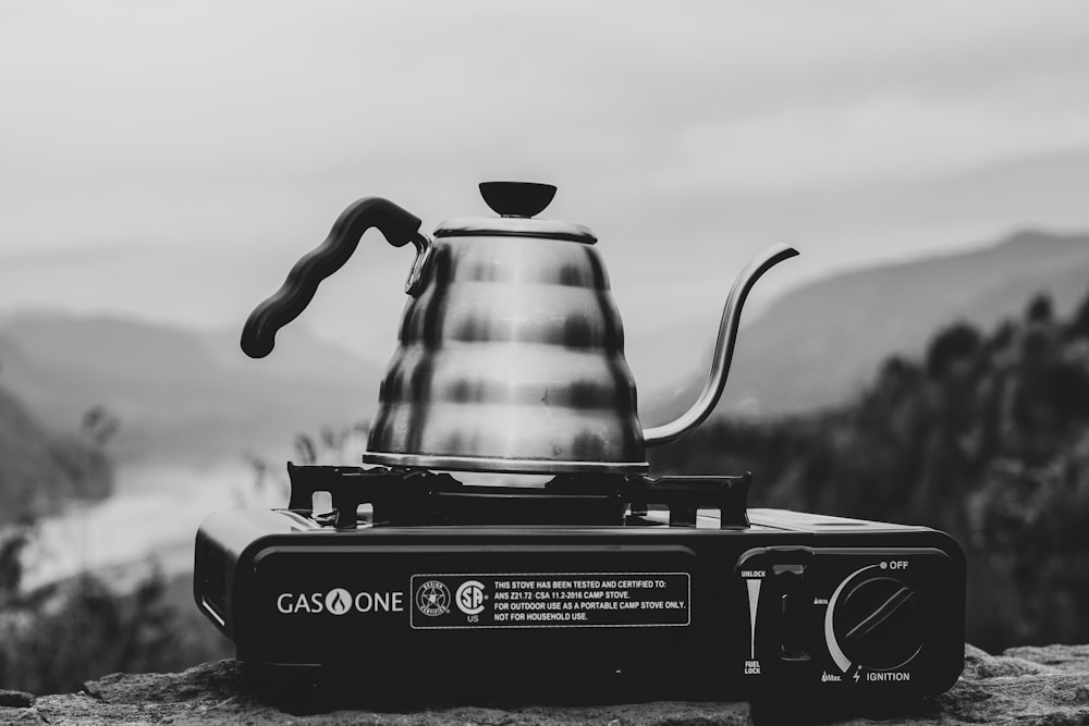 grayscale photography of stove oven