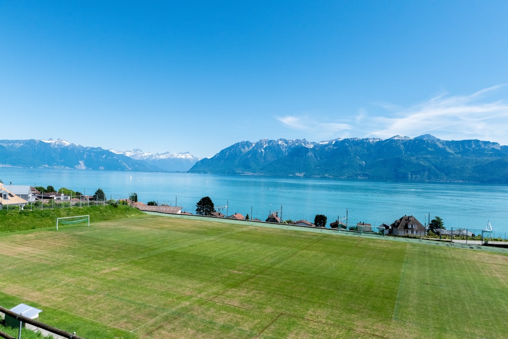 green field near body of water at daytime