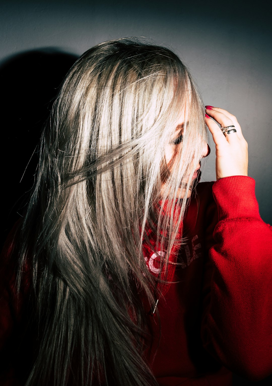 woman in red sweater