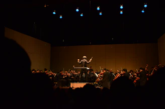 orchestra playing in dim-lit room