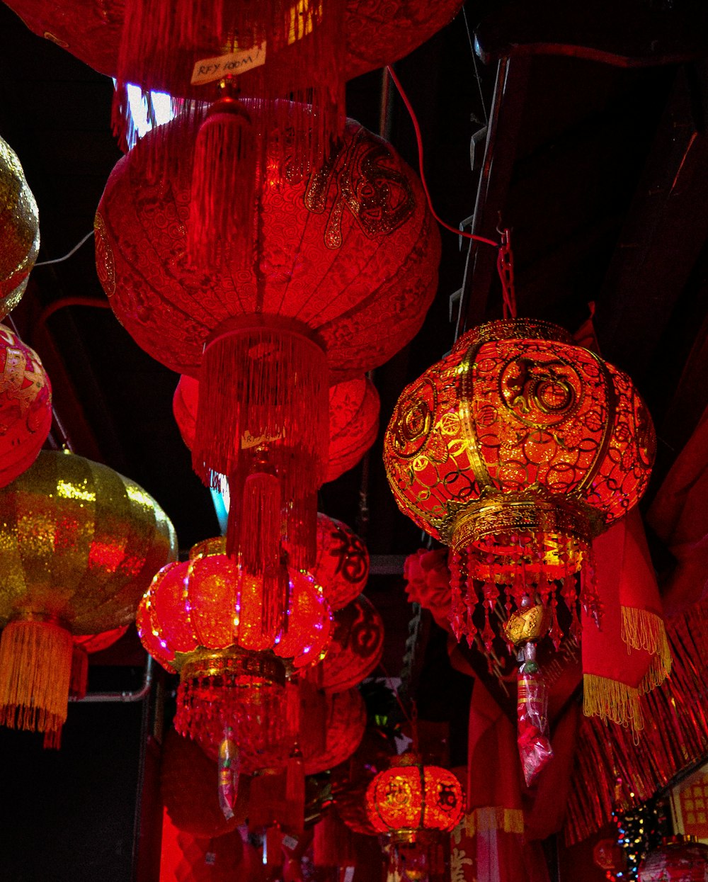 hanging red Chinese lanterns during night