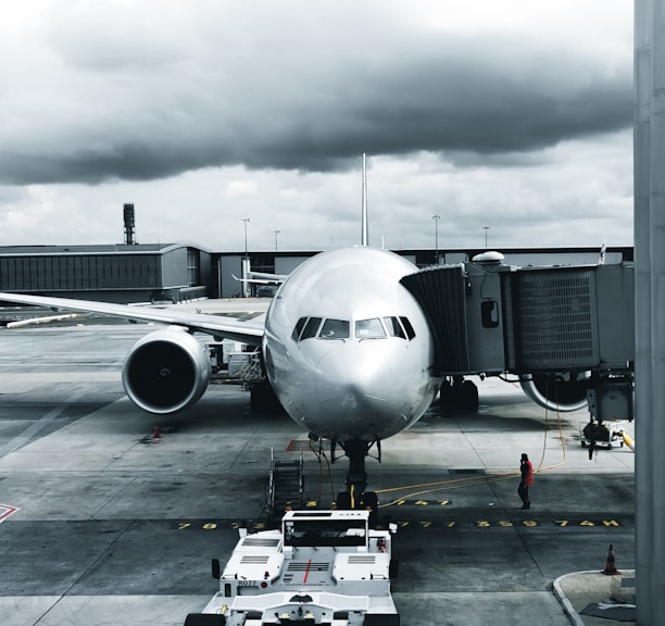 grayscale photography of passenger plane