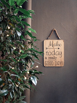 A motivational sign with the phrase 'Make today a really good day!' hangs on a rope against a plain wall. To the side, there is a plant with green leaves adorned with small glowing lights, adding a touch of warmth and life.