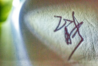 Close-up of hand-drawn organic shapes in mauve and black on textured paper.