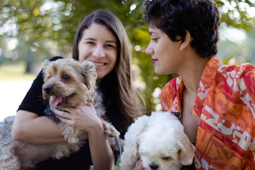 Two people are outdoors holding dogs, one with a terrier and the other with a small white dog. They are surrounded by greenery, and sunlight filters through the leaves, creating a bright and cheerful atmosphere.