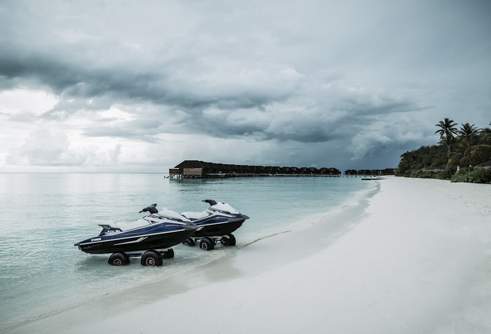 blue-and-white personal watercraft on shore
