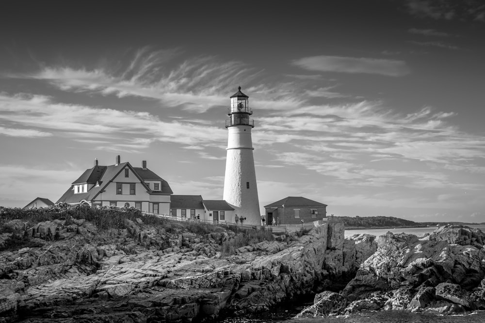 white and black lighthouse painting