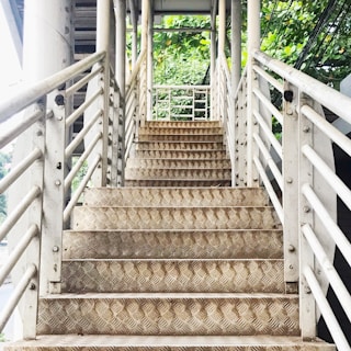A metal staircase with a checkered pattern on the steps leading upward, surrounded by white railings. Overhead, there are green leaves and part of a metal structure visible.