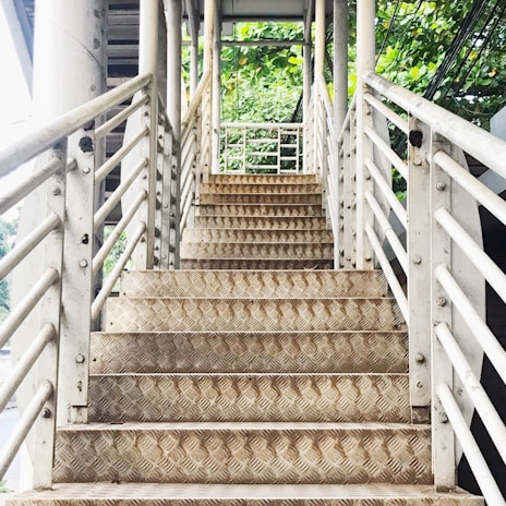 A metal staircase with a checkered pattern on the steps leading upward, surrounded by white railings. Overhead, there are green leaves and part of a metal structure visible.
