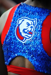 A close-up view of a person's back dressed in a bright red top with a blue sequined panel featuring an embroidered patch of a bulldog. The sequined panel is sparkly and covers the middle portion of the back.