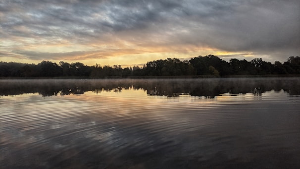 A serene landscape with a calm lake reflecting trees under a sunrise.