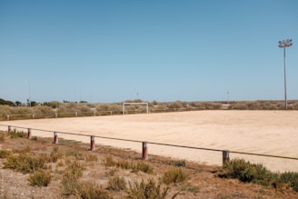 An empty, sandy sports field surrounded by tall grass and a few floodlights. A single goalpost stands at one end, while sparse vegetation lines the perimeter. The sky is clear blue, suggesting a bright, sunny day.