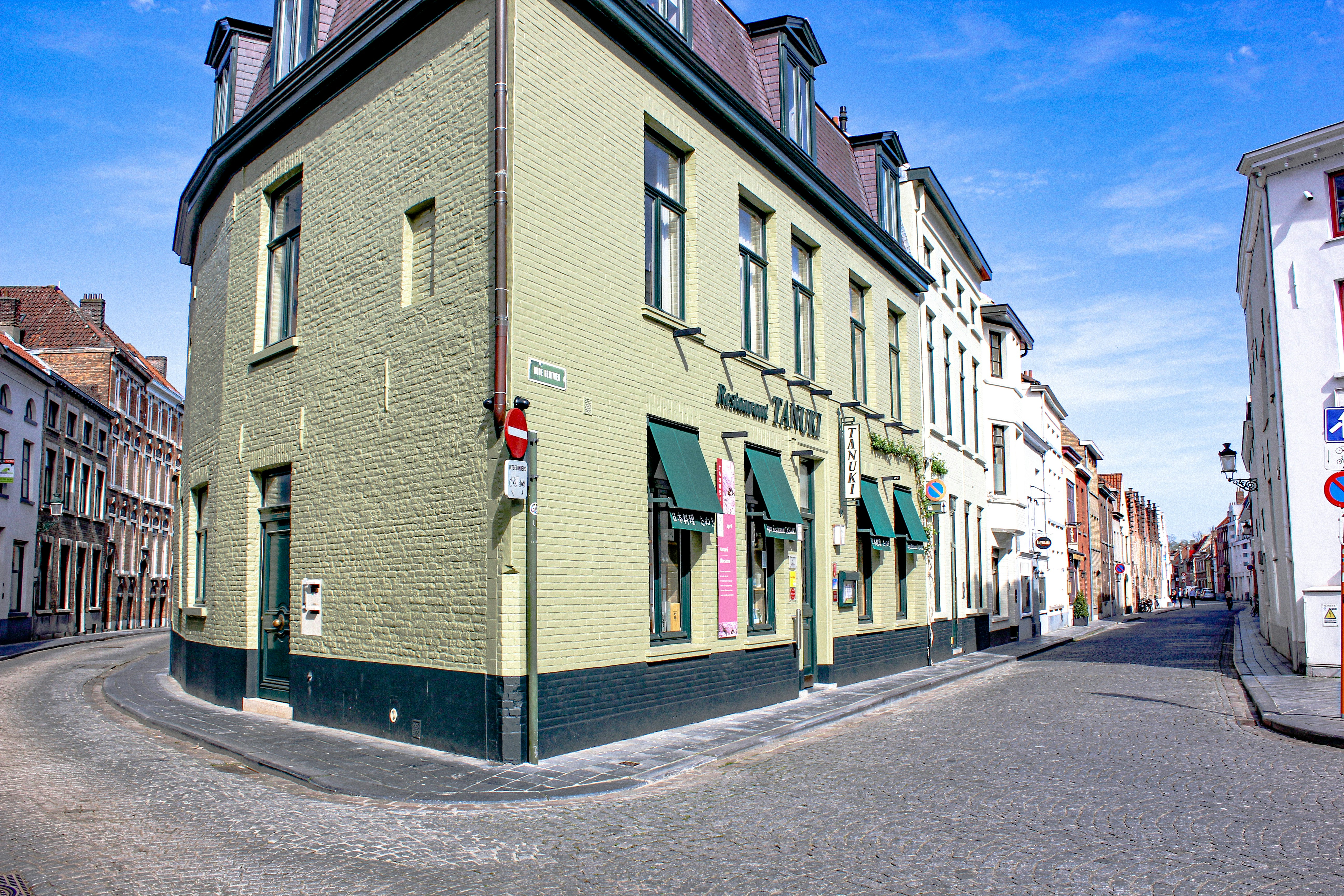 green 3-storey building, Curved Streets of Brugge